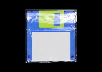 Floppy disk or diskette case on black background. Isolated transparent mockup. Clean cover box...
