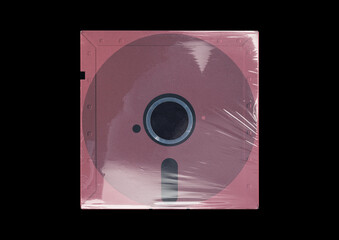 Floppy disk or diskette case on black background. Isolated transparent mockup. Clean cover box...