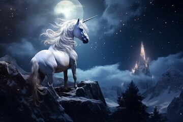 Obraz na płótnie Canvas A unicorn pegasus horse against a mountain backdrop at night, illuminated by the light of the moon