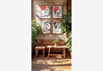 Poster Frame Mockup Interior: Beautiful Wooden Bench and Potted Plant on Floor with Window and Framed Pictures