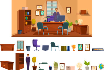 School principal office room icons set cartoon vector. Workplace furniture. Director table