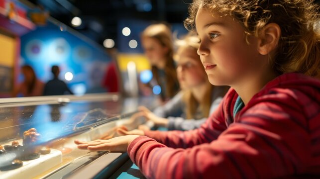 Children exploring interactive exhibit at a science museum, hands on glowing display.