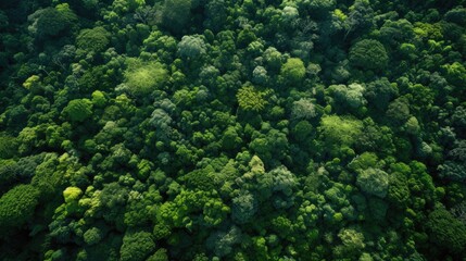 An aerial view of the Amazon rainforest with dense green trees covering the ground,  - obrazy, fototapety, plakaty