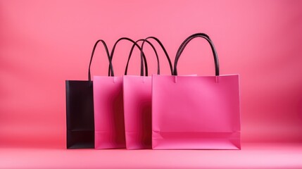Black friday shopping bags on a pink background, in the style of photo-realistic hyperbole, black