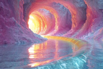 3D Rendered Cave with Pink and Yellow Rippled Surfaces