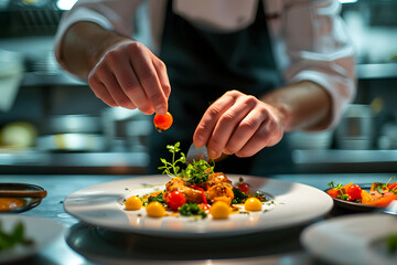 Chef Preparing Food with Condiments on a Plate