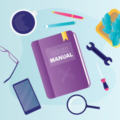 User manual book or textbook for find answers. Concept of user guide, Q and A. FAQ and instructions, professional guide. Book and various tools on desk. Top view