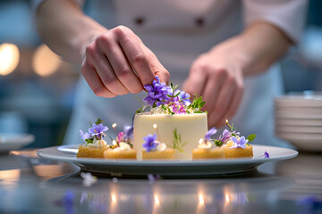 Elegant Chef Lighting Candle on White Plate with Flowers