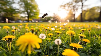 Honeybee's Sunset Dance Among Dandelions