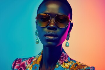 African Woman in Sunglasses and Large Earrings: Neon Lights, Floral Clothing, Studio Background