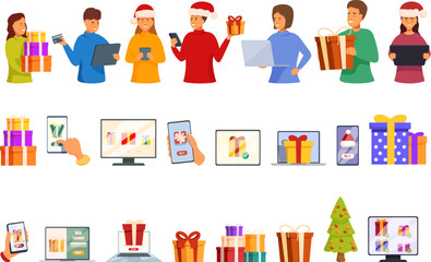 Ordering Christmas gifts online icons set cartoon vector. Home shopping. Present box