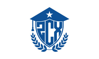 ZCX three letter iconic academic logo design vector template. monogram, abstract, school, college, university, graduation cap symbol logo, shield, model, institute, educational, coaching canter, tech