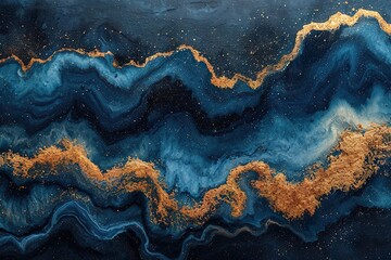 Abstract paint background by deep blue and gold color with liquid fluid texture in luxury concept.