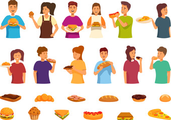 Kid eat bread icons set cartoon vector. Breakfast school. People happy meal