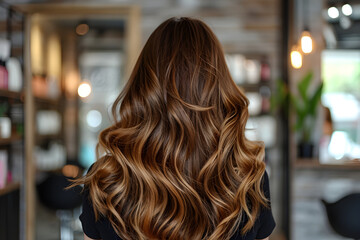Back view Girl with Long Brown Hair in a Salon