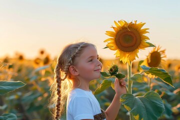 Under a bright summer sky, a young girl stands in a field of golden sunflowers, her face filled with joy as she breathes in the sweet scent of a vibrant flower
