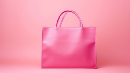 One shopping bag on the right side of the frame, flat pink background, seamless pink background, 
