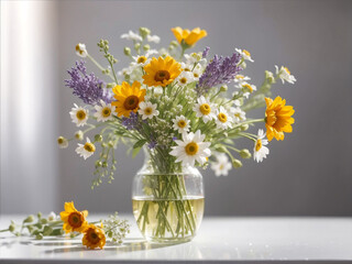 Wildflower Symphony: Arrangement of Wildflowers in Vase on White Table

