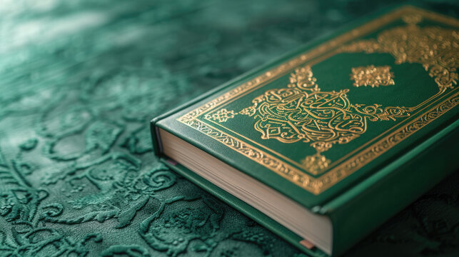 Holly Quran in Ramadan with Green Prayer Mat as Background, Copy Space