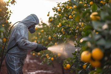 A diligent farmer carefully tends to their citrus trees, gently spraying oranges to ensure a bountiful harvest in the warm outdoor sunlight - obrazy, fototapety, plakaty