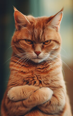 A sulky red cat with crossed paws