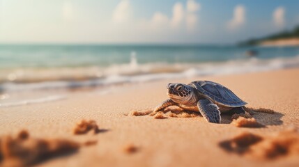 Vue de dos rear view baby turtle go to the sea on the beach of sand cinematic, Color Grading,  - obrazy, fototapety, plakaty