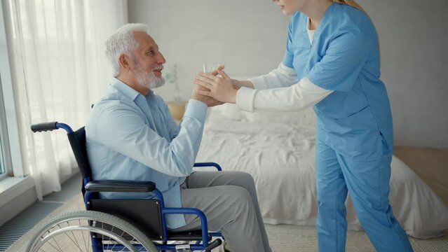 Nurse helps old wheelchair man standing. Physical therapist woman provides medical help support to senior paralyzed male giving hands. Palliative care in late stage of neurodegenerative pathologies.