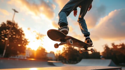 Skateboarder performing a trick on a ramp against a beautiful sunset backdrop in a skate park.