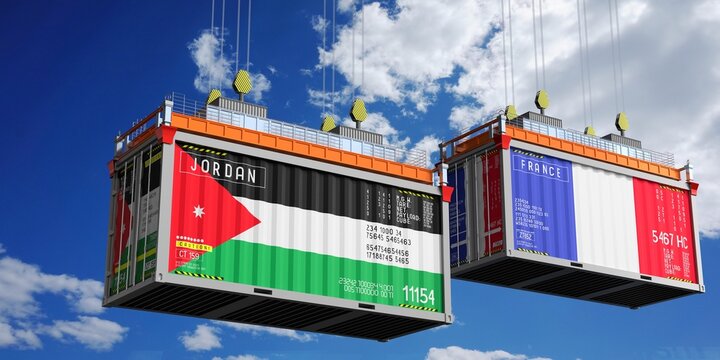 Shipping containers with flags of Jordan and France - 3D illustration