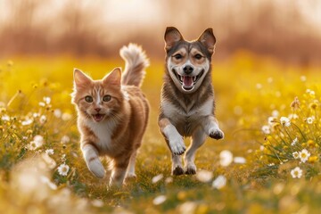 An energetic dog and curious cat playfully chase each other through a vibrant field of flowers, basking in the warmth of the sun and the freedom of the great outdoors