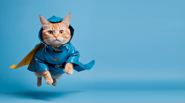 a flying cat in a raincoat on a blue background. with space for text