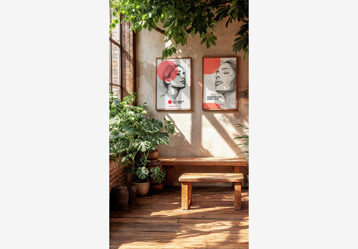 Poster Frame Mockup Interior: Stunning Wooden Bench with Plants, Framed Pictures, and Window View In Room with Wooden Floor and Table