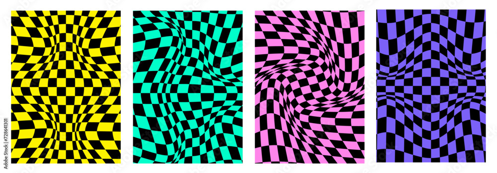 Leinwandbilder Y2k style Groovy hippie 70s backgrounds. Twisted and distorted checkerboard, chessboard pattern. Psychedelic vector texture in trendy retro style.