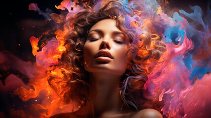 Obraz na płótnie Canvas retrato abstracto de fantasía con una mujer en un estilo de doble exposición. Retrato con una colorida salpicadura de pintura digital o una nebulosa espacial.