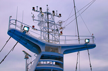 VSAT terminal, satellite internet connection, navigation equipment installed on the ship's superstructure. Telecommunications and Navigation equipment on the upper decks of a modern cruise ship