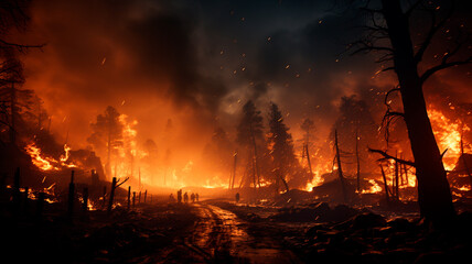 una imagen que representa un incendio forestal con árboles envueltos en llamas, transmitiendo la naturaleza destructiva e intensa del incendio forestal. - obrazy, fototapety, plakaty