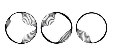 Set of abstract circle round frames by lines wavy flowing black gradient isolated on transparent background. Vector in concept modern, technology, science, music.