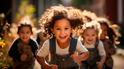 una imagen que representa a un grupo de niños diversos, alegres y felices que se divierten al aire libre en el patio de un colegio. - obrazy, fototapety, plakaty