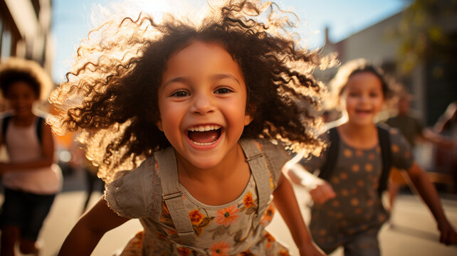 una imagen que representa a un grupo de niños diversos, alegres y felices que se divierten al aire libre en el patio de un colegio.