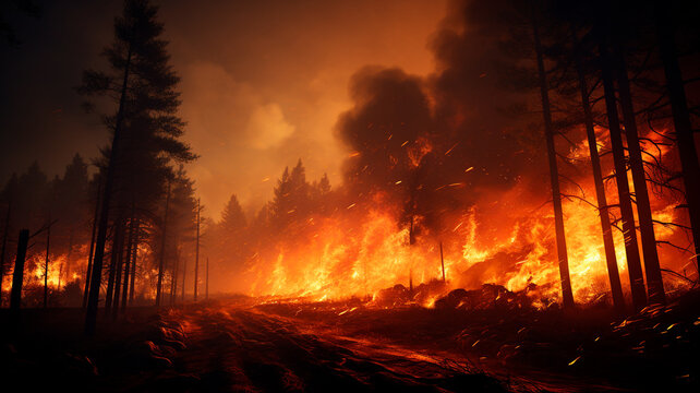 una imagen que representa un incendio forestal con &aacute;rboles envueltos en llamas, transmitiendo la naturaleza destructiva e intensa del incendio forestal.