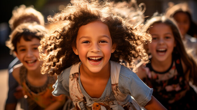 una imagen que representa a un grupo de niños diversos, alegres y felices que se divierten al aire libre en el patio de un colegio. - Powered by Adobe