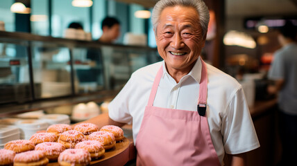 una imagen que muestra a un hombre asiático maduro sonriente posando en una tienda de donuts, haciendo contacto visual directo con la cámara.