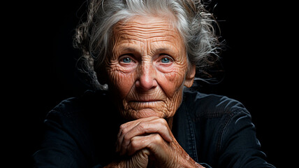 una imagen que represente a una mujer muy anciana con expresión entristecida, mirando hacia otro lado y con la mano en la cara.  - obrazy, fototapety, plakaty