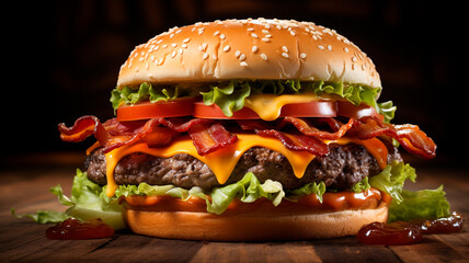 una imagen que muestra una deliciosa hamburguesa con queso y bacon sobre un fondo blanco y limpio,...