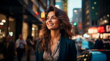 Imagen de una mujer de negocios hispana, feliz, rica y con éxito, de pie en una calle de una ciudad moderna rodeada de rascacielos durante la puesta de sol.