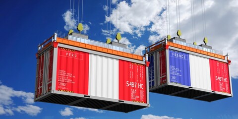 Shipping containers with flags of Peru and France - 3D illustration