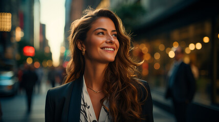 Imagen de una mujer de negocios hispana, feliz, rica y con éxito, de pie en una calle de una...
