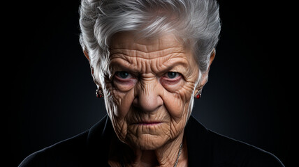 Una mujer mayor enfadada y beligerante mirando directamente a la cámara. Capta la intensidad de su expresión para transmitir una sensación de frustración - obrazy, fototapety, plakaty