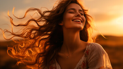 una imagen que retrata a contraluz a una mujer tranquila y feliz con los ojos cerrados, viviendo un momento sereno de la vida. - obrazy, fototapety, plakaty