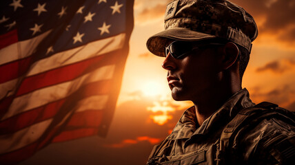 una imagen en la que aparezca un soldado de pie, orgulloso, delante de la bandera de EE.UU. sobre un fondo al amanecer. La escena debe evocar un sentimiento de patriotismo,